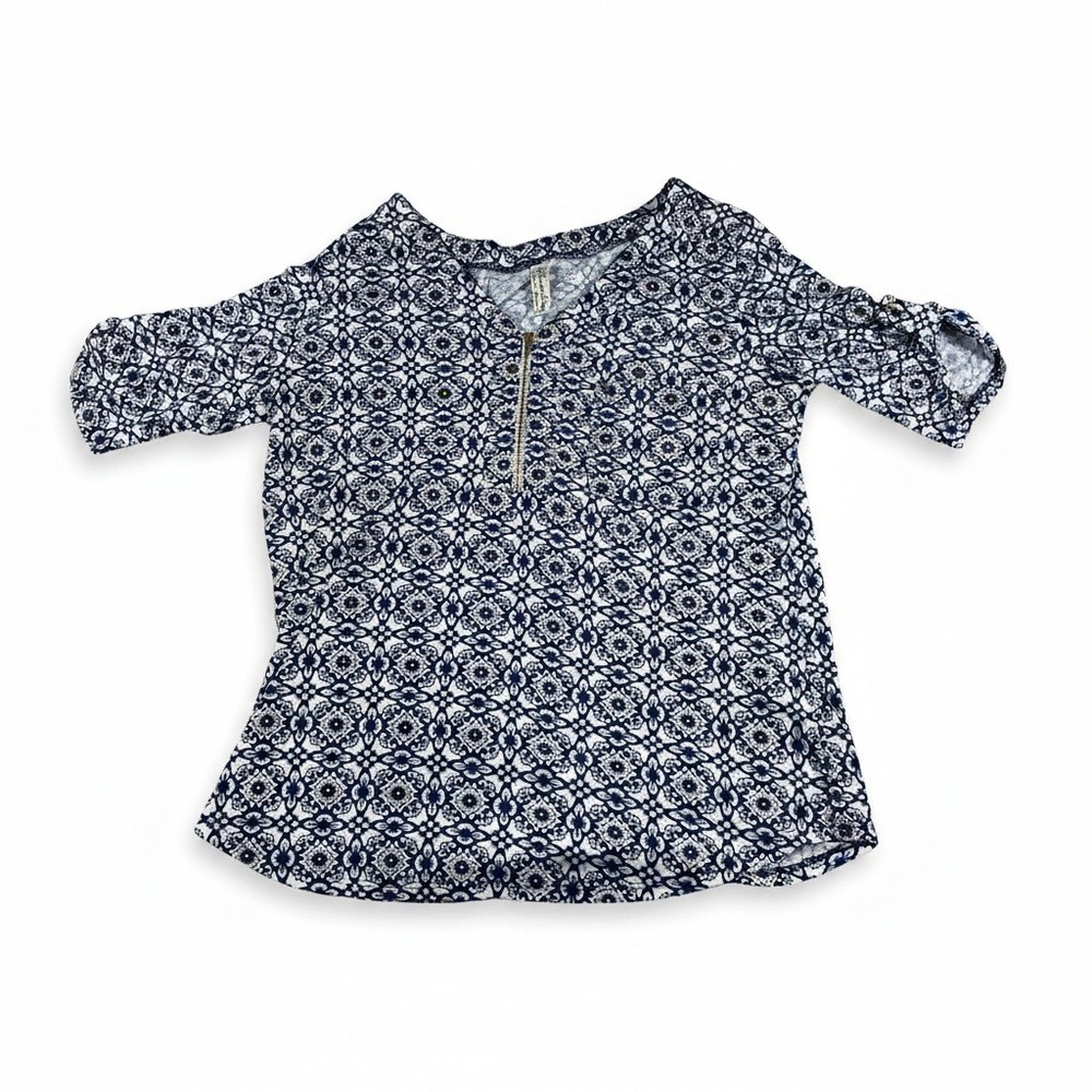 PerSeption Concept‎ Womens Blue White Medallion Zip V-Neck Blouse Small 112159